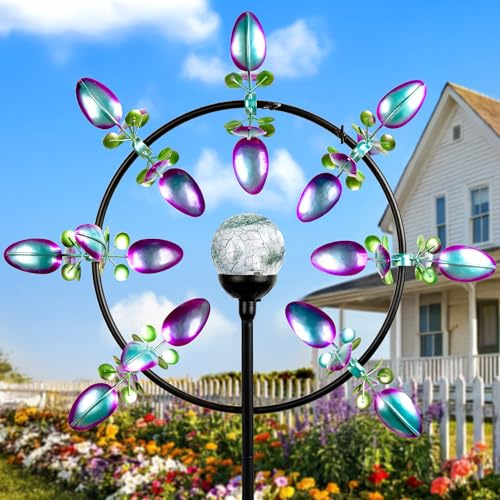 Large Solar Wind Spinners for Yard Art Garden-67 Inch 360° Metal Wind Sculptures Outdoor Clearance Kinetic Windmills with Multi Color Led Glass Ball