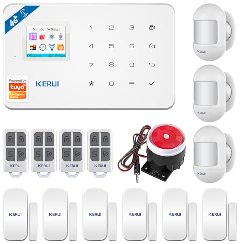 KERUI Alarme Maison sans Fil, 2.4G WiFi/4G GSM Maison Connectée Kits Système d'Alarme avec sirène, Alarme de Porte, Télécommandes, Alarme Detecteur de Mouvement, by Tuya APP Compatible Google & Alexa