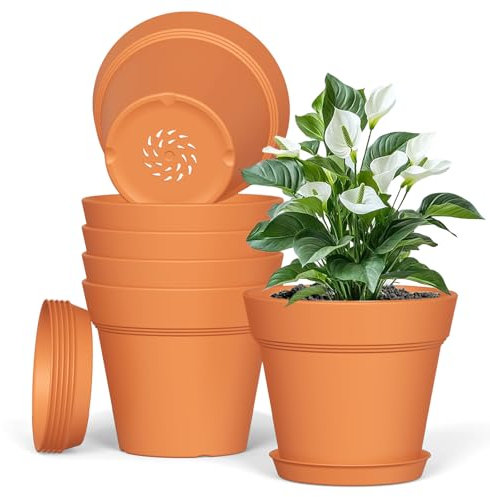 Plastic Plant Pots Indoor Outdoor, 6 Pack 5Inch/12.7CM Plant Pots Flower Pot with Drainage Holes and Tray,Modern Decorative Planter Pot for All House Plants(Terracotta)