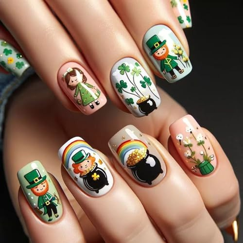 Premere Su Unghie Shamrock Disegni Chiodi Finte Francesi Acrilico Falso Colla Artificiale Su Quadrato Falso Verde Shamrock Finto Chiodo