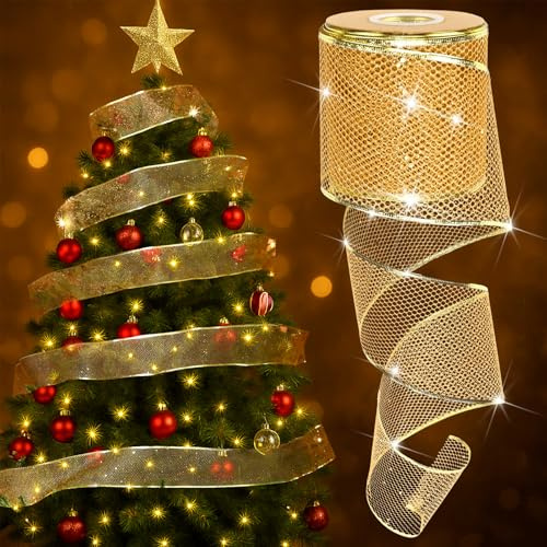 Arrowbash 4 Inch Christmas Gold Glitter Ribbon 25 Yards Wire Mesh Metallic Honeycomb Ribbon for Christmas Tree Net Fabric Mesh Garland Tree Topper Bows Wreath for Home Decor Crafts