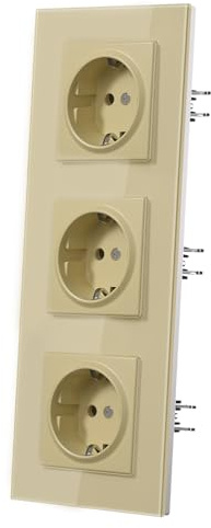 MVAVA Schuko Steckdose Unterputz EU-Standard, 3 Fach Steckdose mit Glasrahmen, 228mm x 86mm Unterputz Steckdosen, Einfache Installation, Gold