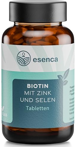 Esenca Biotin + Selen + Zink – hochdosiert für Haut, Haare & Nägel – 365 vegane Tabletten Jahresvorrat – 1.000 µg Biotin, 55 µg Selen & 10 mg Zink – ohne Magnesiumstearat & glutenfrei