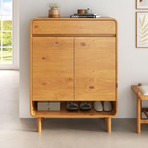 IDIMEX Schuhschrank Juan aus massivem Kieferholz, Eiche Finish - schmal und platzsparend, ideal für Schuhaufbewahrung, mit Nische und Schublade, robuste Schuhkommode für Flur und Ankleidezimmer