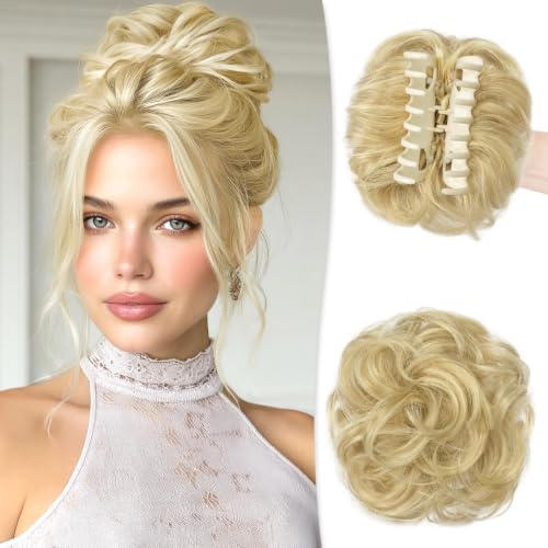 RUWISS Echthaar Dutt mit Klammer, Messy Bun Haarteil Echthaar Dutt für Dünnes Haar Locken Gewellt Haardutt Haarteil Clip für Damen (Natürliches Blond)