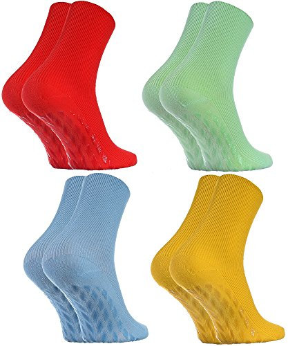 Rainbow Socks - Damen Herren Antirutsch Diabetiker Socken Ohne Gummibund ABS - 4 Paar - Rot Grün Gelb Blau - Größen 42-43