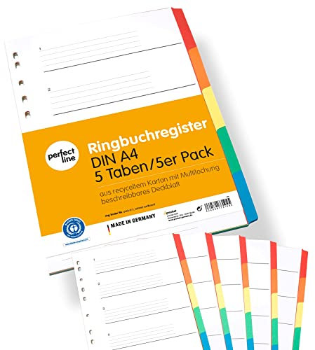 perfect line Ordner-Register DIN-A4, 5-teilig, 5er Set - Blauer Engel zertifiziert - recycelter Karton - Made in Germany