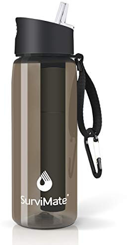 SurviMate Filtered Water Bottle BPA Free 4-Stage Intergrated Filter Straw Camping, Hiking, Backpacking Travel
