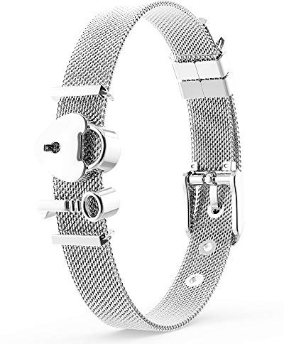 THIORA Armband Damen mit Anhängern | Premium Edelstahl | Schloss und Schlüssel | Charmband | Geschenk (Unlocked Love - Silber)