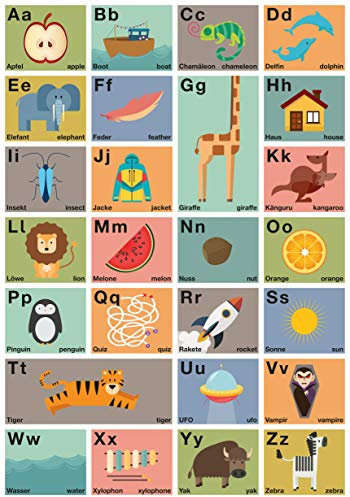 nomad graphics Großes ABC Poster 70 x 100 cm Wörter in Deutsch und Englisch Groß- und Kleinbuchstaben