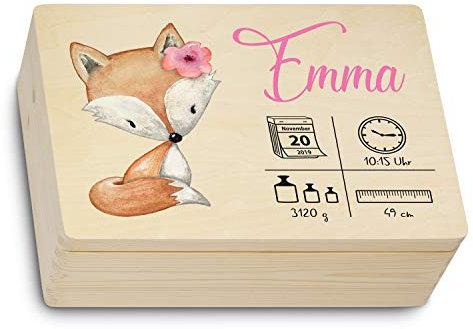 kultdog Premium Erinnerungsbox Baby personalisiert Holzkiste Geschenk zur Geburt Holzbox Truhe Erinnerungskiste individualisiert farbiger Druck Mädchen bedruckbar Geburtsdaten Name