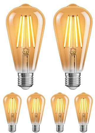 ledscom.de 6 ampoules LED E27, ST64, blanc extra chaud (2500 K), 7,2 W, 814lm, variateur à 3 niveaux, doré