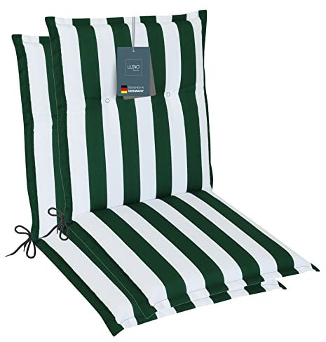 LILENO HOME Gartenstuhl Auflagen als [2er Set - Niedriglehner] in Blockstreifen Grün - Bequeme Liegen als Sitzauflagen für Gartenmöbel - Stuhlkissen für Gartenstühle und Klappstühle