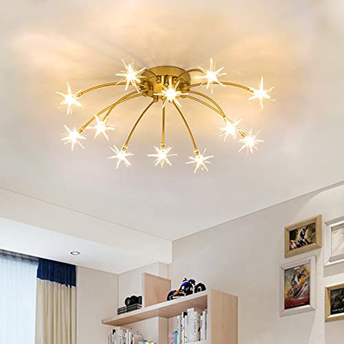 Lanekd LED Wohnzimmer Deckenlampe Gold Stern Styl Schlafzimmer Deckenleuchte Kinderzimmer Dekolampe Glas-schirm Esszimmer Kronleuchter Retro Design Küche Flur Pendelleuchte