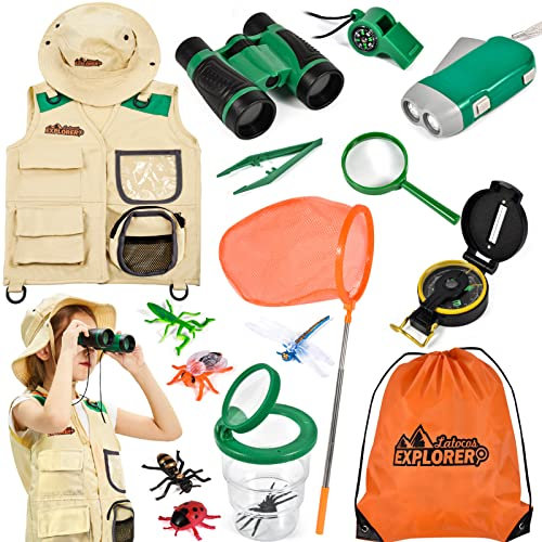 Kit Exploration Enfant Jeux Explorateur Exterieur Aventurier Kit avec Gilet Chapeau Jumelles Loupe Filet à Papillon Pince Insecte Jouet d'Exploration Cadeau pour Enfants Garçons Filles (vert)