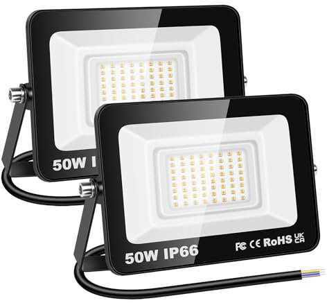 RIGIDON 2x 50W LED Strahler Außen, 5000LM Außenstrahler, 3000K Warmweiss IP66 Wasserdicht LED Fluter Scheinwerfer Flutlicht, Außenlampe für Garten, Innenhöfe, Garage, Hotel, Sportplatz, Werkstatt