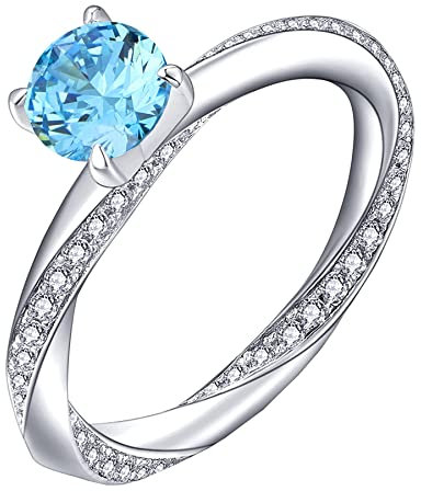 YL Damen Ring 925 Sterling Silber mit März Geburtsstein Aquamarinblau Ring Verlobungsring Ehering für Braut(Größe 56)