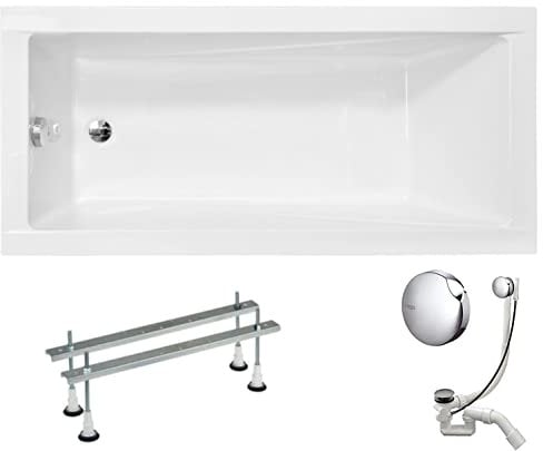 VBChome Acryl Badewanne 150x70 cm Weiß Rechteck Wanne Siphon Wannenfüße Design Modern Ablaufgarnitur in Chrom