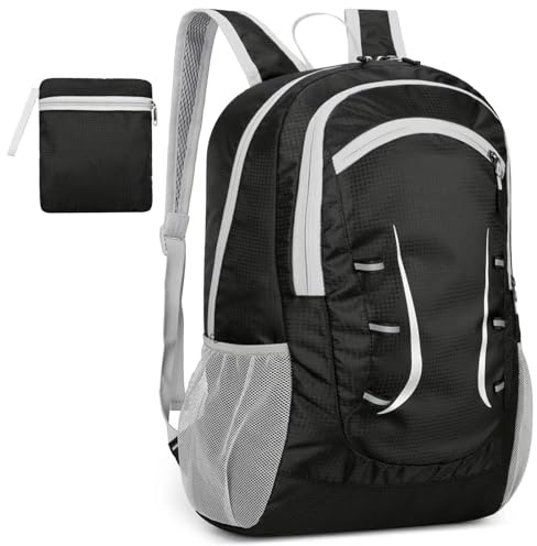 Alitifiy Lightweight Foldable Backpacks, 30L Packable Waterproof Small Hiking Bags & Packs Knapsack Daypack Handy for Men Women Ladies Kids Travel Camping Outdoor Rucksack Bag Pack (Black Grey)