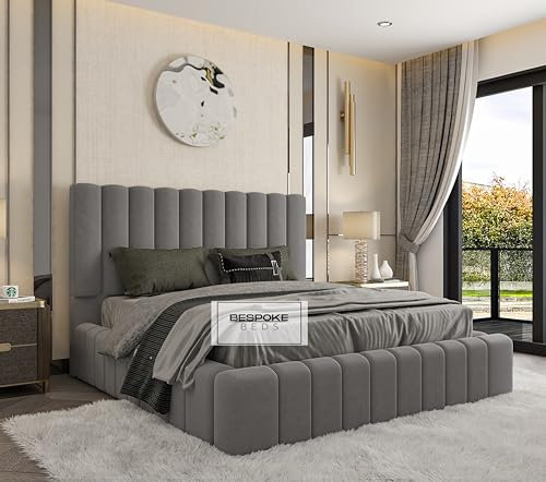 BESPOKE BEDS Ottoman Storage Bed Frame, Upholstered Bed Frame, Fabric Bed Frame - Plush & Naple Velvet (Grey Naple, 5FT King Size)