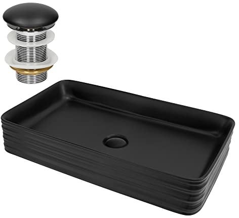 ML-Design Lavabo Negro Rectangular de Cerámica Mate 68 x 38 x 12 cm Fregadero para Pared o Sobre Encimera Pila Diseño Moderno Lavamanos para Baño Aseo con Juego de Desagüe y Agujero para Grifo