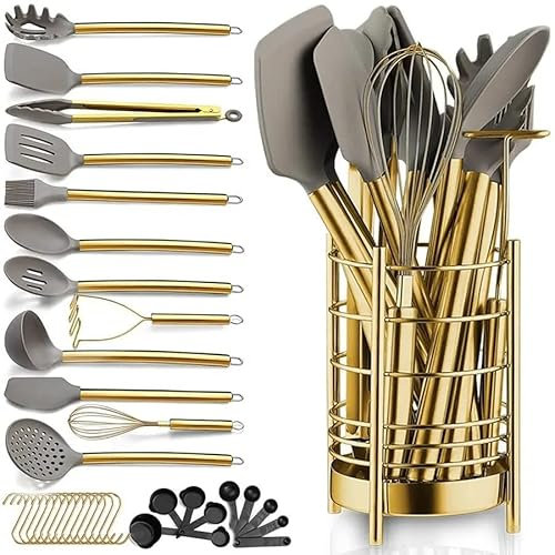 Wize Products - Silicone Kitchen Utensils Set 38 PCS, Non Stick & BPA-Free Gold Stainless Steel Kitchen Cooking Tools with Holder - Hanging Hook Cooking Utensils for Culinary Task - Ideal for Gift