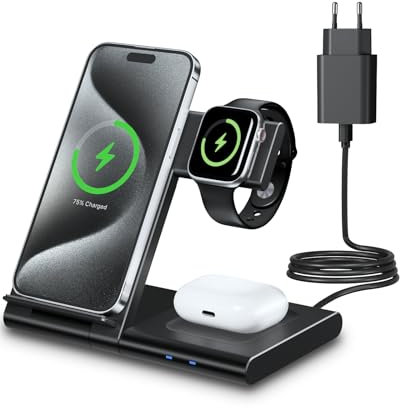 3 in 1 Ladestation Apple Watch und iPhone, 18W Induktive Ladestation Schnelles Kabelloses Ladegerät Ständer für iPhone 16/15/14/13/12/11/Pro/Max/XS/XR/X/8/Plus, iWatch 10/9/8/7/6/SE/5/4/3/2 & AirPods