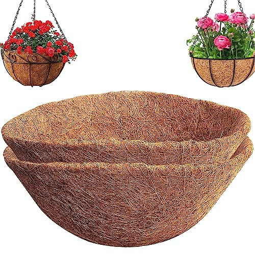 YUNSTK 2 Pcs Hanging Basket Liners 16 inch, Round Planter Liner Coco Fiber Replacement Liner, Natural Coconut Fibres Trough Liners for Hanging Baskets at Indoor Outdoor Garden Porch and Balcony