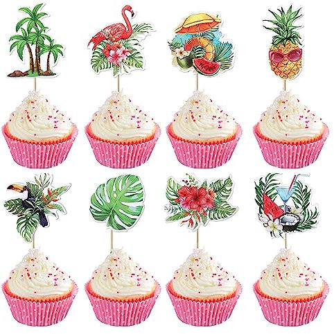 SYKYCTCY 40 Pack Flamingo Cupcake Toppers Tropical Luau Cupcake Picks Palm Tree Pineapple Aloha Cupcake Decorations for Hawaiian Luau Summer Beach Theme Birthday Party Supplies