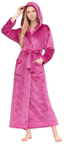HEARTNICE Bademantel Damen mit Kapuze, lange weiche warme Fleece Morgenmantel in voller Länge Plüsch Hausmantel (Rosarot, 2XL/3XL)
