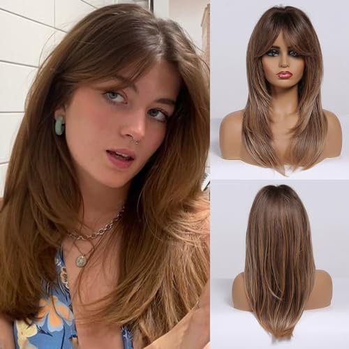 Allbell Ombre Braune Perücken mit Bangs Natürliches Haar Langgeschichtige Syntehtic Perücken für Frauen
