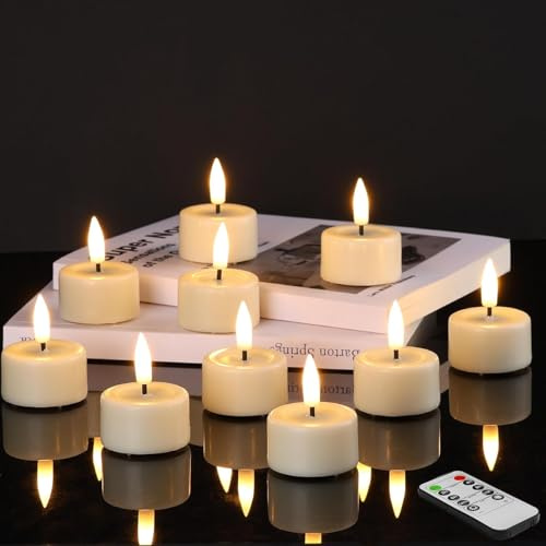 Eywamage Ivory Flameless Wax Tealights with Remote Batteries, Flickering Realistic LED Tea Votive Candles Set of 10