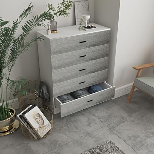 URBNLIVING 5 Drawer Wooden Bedroom Chest Cabinet Modern Wide Storage Cupboard Closet (White Carcass+Ash Grey Drawers, 5)