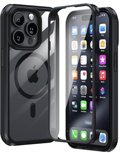 Aunote MagSafe Hülle iPhone 15 Pro Max - Military Panzerhülle, 360 Grad Komplettschutz, Handyhülle eingebautem 9H Panzerglas Displayschutz, Schutzhülle Ganzkörper Stoßfeste 15 Pro Max Case, Schwarz