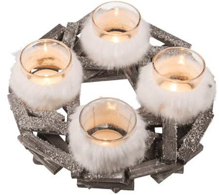 Adventskranz 22 cm Naturmaterial Astkranz mit Teelichtgläsern und Felldekoration Weihnachten Kerzenhalter Kranz