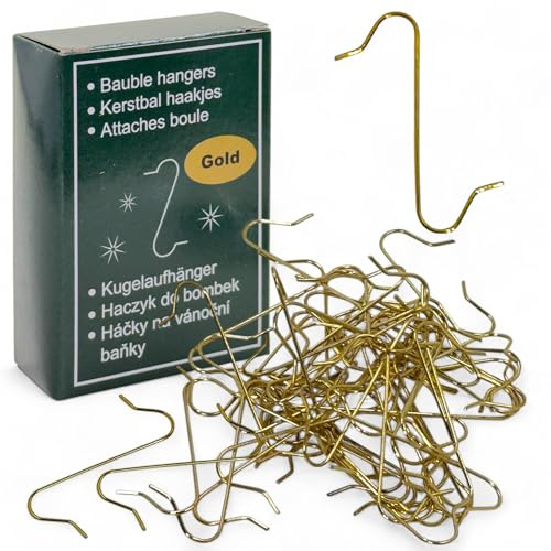 MIJOMA Kugelaufhänger S-Haken, Christbaumkugelaufhänger, Doppelhaken Weihnachtsbaumschmuck Helfer, praktische Schnellaufhänger für Weihnachtskugeln und Dekorationen, 33mm, Metall (50 Stück, Gold)