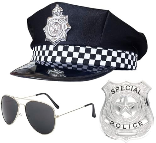 SKHAOVS 3 Stück Polizei Kostüm Zubehör Set Polizei Outfit Karneval Verkleidung, Polizeimütze, Abzeichen, Pilotenbrille, Swat Rollenspiel Zubehör für Halloween Karneval Rollenspiel