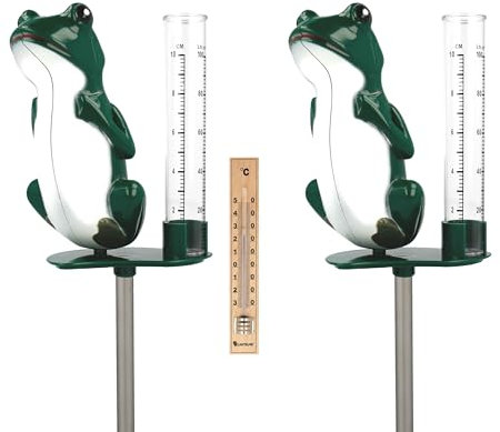 Lantelme Set 2 Stück Regenmesser Frosch mit Metall Erdspieß 55cm und 1 Stück Holz Thermometer Niederschlagsmesser für Garten Außen Dekoration Kunststoff Gartenstecker Gartendeko