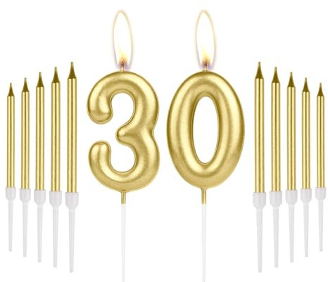 Gold 30th Birthday Candles - Number 30, Happy Birthday Cake Topper for Women, Men, Wedding Anniversary Decorations