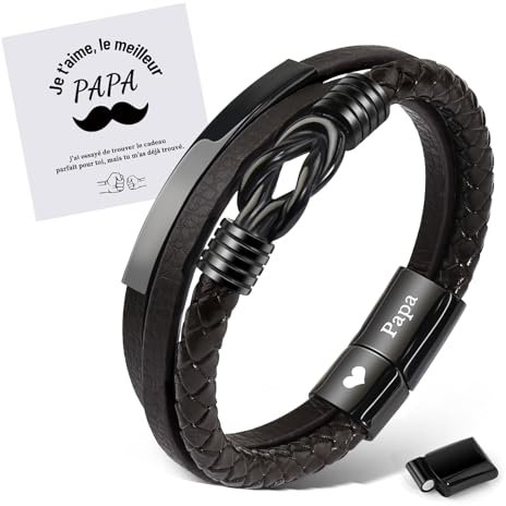 MANVEN Bracelet Papa Cadeau Papa Cadeau Fête des Pères Bracelet en Cuir Inox Pour Hommes Fete des Pere Futur Beau D'anniversaire Noël
