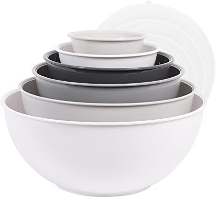 BoxedHome Weiß Grau Rührschüsseln mit Deckel, Wiederverwendbare Rührschüssel, 12er-pack Mixing Bowl, Kunststoff Salatschüssel Rutschfest Stapelbar Servierschalen für Küche (6 Schüsseln und 6 Deckel)
