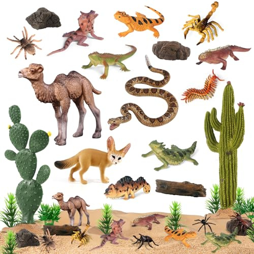 SIENON 32Pcs Desert Animal Figures with Trees Cactus Toys Diorama Playset | Camel Fennec Fox Rattlesnake Scorpion Lizard Reptile Rocks Playset for Kids Birthday Cake Toppers Party Favors Decorations