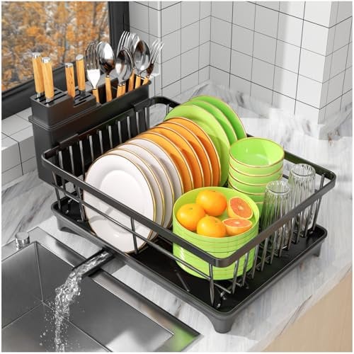 SavvyStor Abtropfgestell Geschirr, platzsparendes Geschirrabtropfgestell für die Küchenarbeitsplatte mit Utensilienhalter, Küchenabtropfgestell mit Abtropffläche, Schwarz Portable for Home, Black