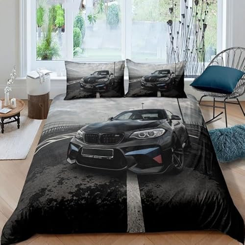 Sportwagen Bettwäsche-Sets,Microfaser Bettwäsche 135X200 + 80X80 Kissenbezug,Schwarzes Auto 3D Bettbezug Mit Reißverschluss Sommer Winter Für Kinder,Single Bed,A30