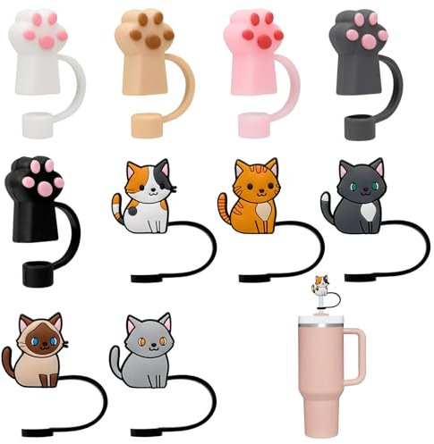 10Stück Strohhalm Abdeckung für Stanley Cup Zubehör, 10mm Strohhalm Deckel, Strohhalm Verschluss Silikon Strohhalm Abdeckung Straw Cover für Stanley 40oz 30oz Accessories (Katzen)