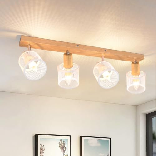 Deboola Deckenstrahler 4 Flammig Deckenleuchte Holz - Deckenlampe Vintage Deckenspot Schwenkbar E14 Strahler Esszimmerlampe Spots LED Flur Wohnzimmer Schlafzimmer Küche Esszimmer Ohne Leuchtmittel