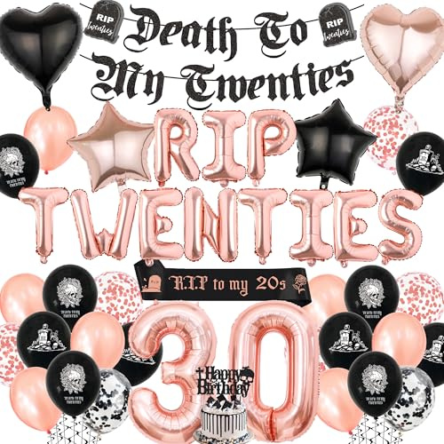 Rip 20er Jahre Geburtstag Dekorationen - Rose Gold Death to My Twenties Banner Schärpe Kuchen Topper Buchstabe Herz Stern Zahl Ballons für Frauen Halloween Gothic Thema 30. Geburtstag Party Supplies