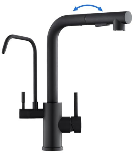 ROVOGO 3 Wege Wasserhahn Küche mit Filter, Küchenarmatur Schwarz Hochdruck mit Herausziehbare Dual-Spülbrause, 360° Schwenkbar Spültischarmatur Doppelhebel, Edelstahl 304 Mischbatterie Küche L-Auslauf