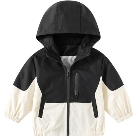 Volunboy Bambini Cappotto Giacca a Vento Con Cappuccio, Unisex Autunno Antivento Stampa Giacche(18-24 mesi,Nero Beige,Taglia 90)
