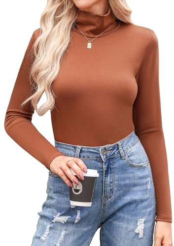 Aottori Damen Langarmshirt Baumwolle Unterwäsche Elegant Rollkragenshirt Stretch Basic Top Thermooberteile Tunika T-Shirt Sexy Frühling Karamell M